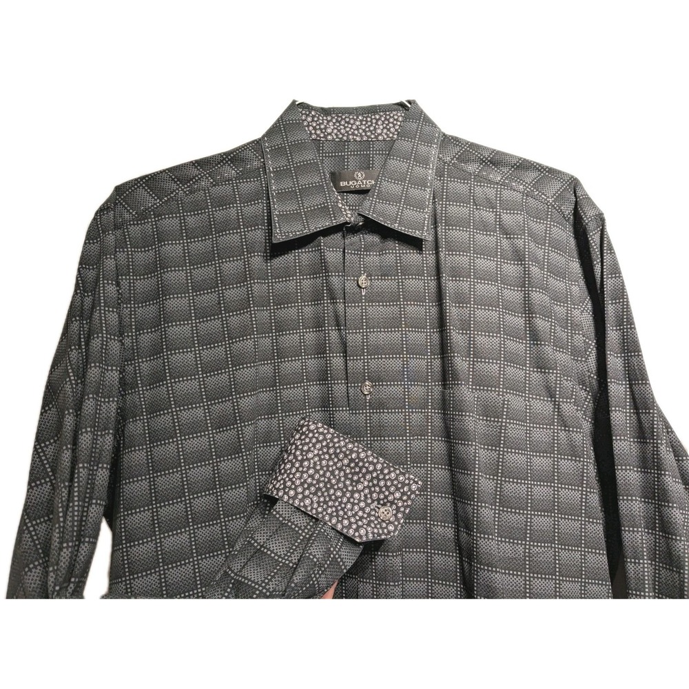 Bugatchi Uomo Shirt Men XL Gry Geometric Check Lng Sleeve Dress Button Up Cotton